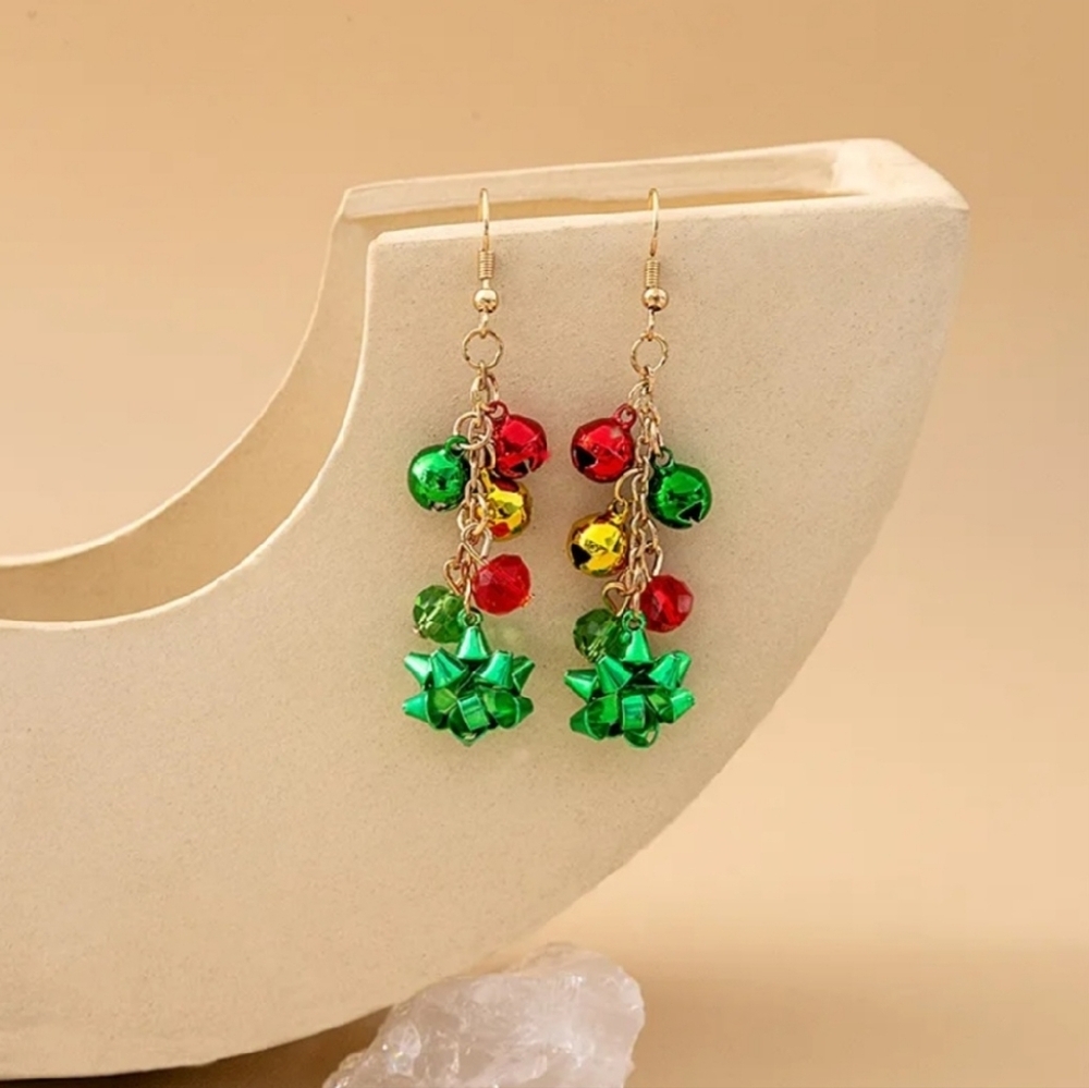 Multicolor Dangle Earrings with Christmas Green Bow and Balls - Picture 5 of 9